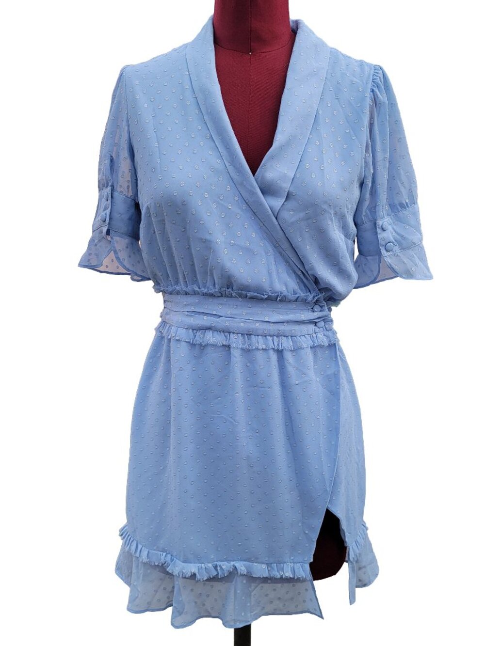 For Love & Lemons La Karla Dress Light Blue Swiss Dot Wrap Mini Xsmall
